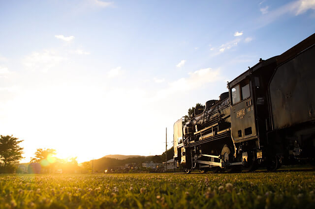 夕暮れの強い逆光を浴びる真っ黒な9600形蒸気機関車。低いアングルから撮影されており、左側の沈みゆく夕日と、その光に照らされた手前の芝生、そして重厚な鉄の塊であるSLのシルエットが対比をなしている。