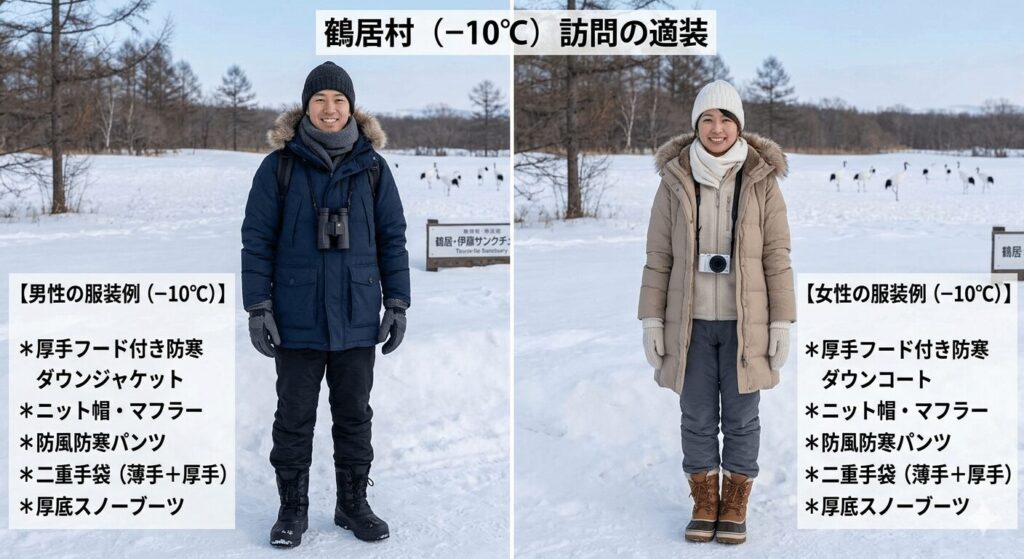 鶴居村のマイナス10度環境に対応した男女の防寒着ガイド。厚手のフード付きダウンジャケット、ニット帽、マフラー、防風パンツ、二重手袋、厚底のスノーブーツを着用したイラスト。背景には雪原のタンチョウ。