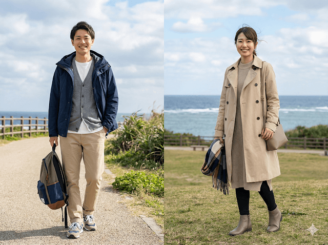 12月の沖縄観光におすすめの服装ガイド。左側にはマウンテンパーカーとカーディガンを重ね着した日本人男性、右側にはトレンチコートとニットワンピースを着用した日本人女性。背景は冬の沖縄らしい澄んだ海と高台の景色。
