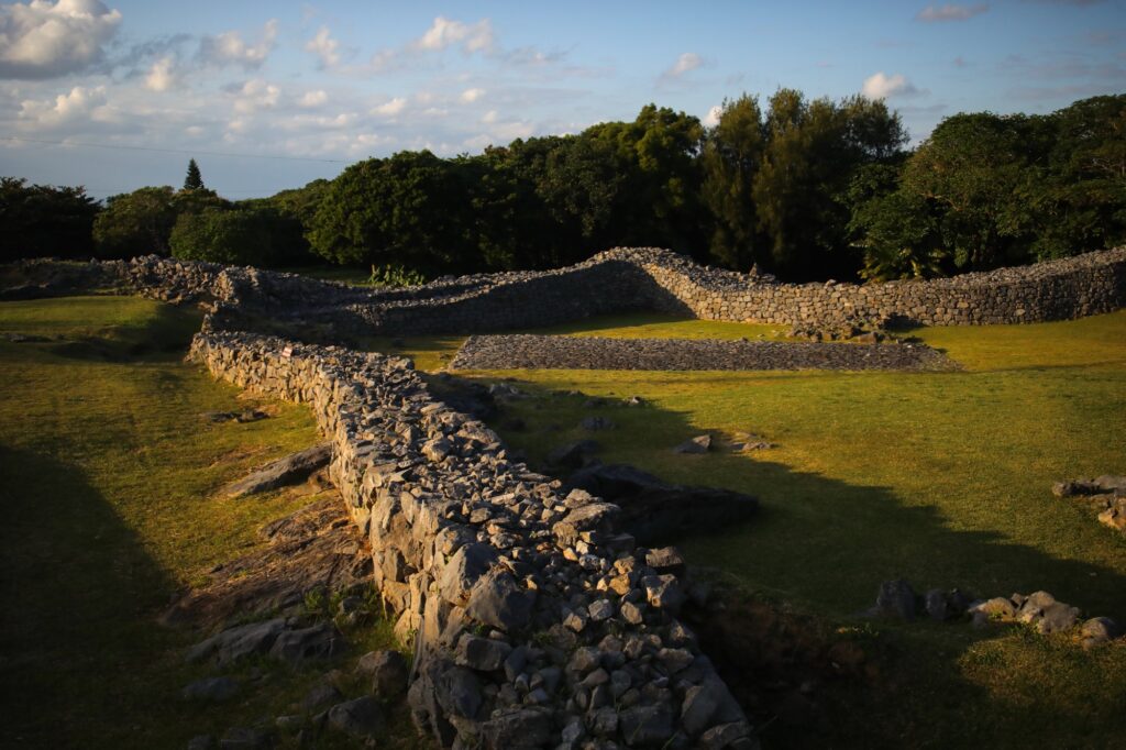 夕暮れ時の黄金色の光に照らされた今帰仁城跡の石垣。人影はなく、静かな緑の広場とうねるような城壁がどこまでも続いていくような、穏やかでノスタルジックな風景。
