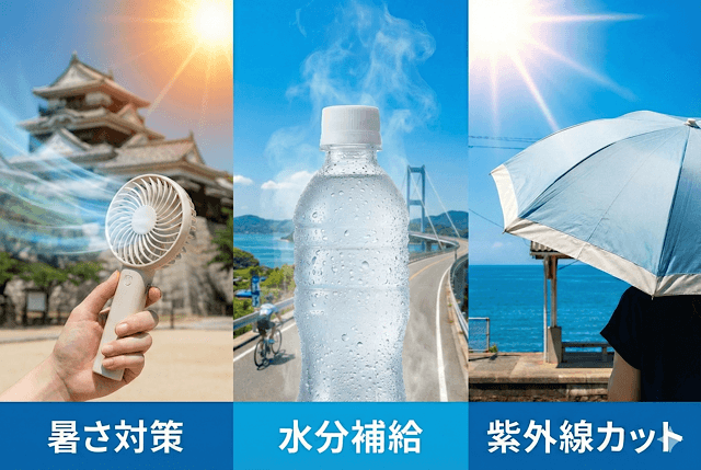 8月の愛媛観光を乗り切るための「暑さ対策3点セット」の解説画像。左からハンディファン（暑さ対策）、冷えたペットボトル（水分補給）、日傘（紫外線カット）が三分割で配置されており、背景には愛媛の風景が描かれている。