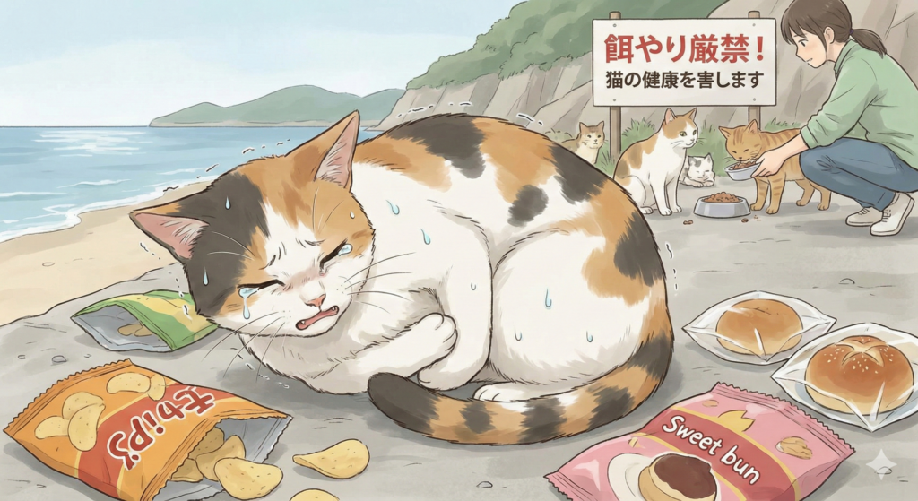 海辺でスナック菓子や菓子パンに囲まれ、お腹を押さえて涙を流しながら苦しそうに横たわる三毛猫のイラスト。背景には「餌やり厳禁！猫の健康を害します」という看板があり、その奥ではルールを守って適切なキャットフードを与えている人の姿が対照的に描かれている。