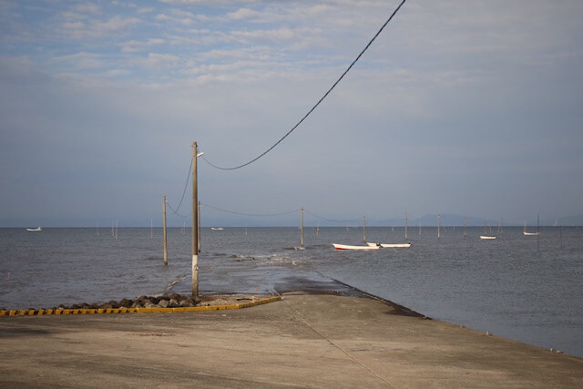 大魚神社のすぐ隣。舗装された道路の端から先が有明海に沈み、複数の電柱が海の中に列をなしている。遠くに小さな漁船が見える。