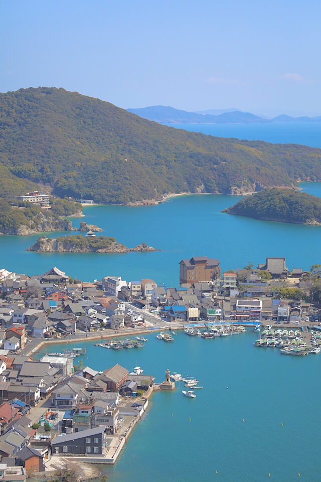 医王寺の裏山から見下ろす鞆の浦の全景。密集するグレーの瓦屋根の町並み、多くの漁船が停泊する円形の鞆港、その先に広がる鮮やかなブルーの瀬戸内海と緑豊かな仙酔島が一望できるパノラマ写真。