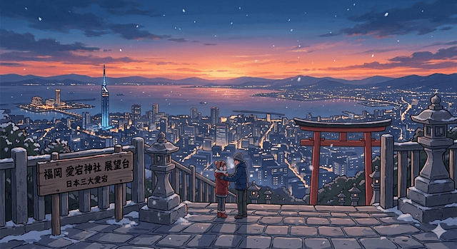 雪が舞う夜、防寒着を着たカップルが鷲尾愛宕神社の展望台で見つめ合っているアニメスタイルのイラスト。背景には福岡の夜景、福岡タワー、鳥居、石灯籠が見え、手前の看板には「福岡 愛宕神社 展望台」と「日本三大愛宕」と書かれている。ロマンチックな防寒対策のイメージ。