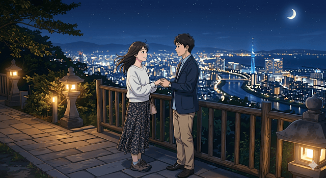 アニメスタイルのイラスト。夜の鷲尾愛宕神社の展望台で、見つめ合いながら手を繋ぐ若い男女のカップル。手前には石灯籠と木製の柵があり、背景には福岡タワーとシーサイドももち地区の広大な夜景が広がる。ロマンチックな告白の瞬間をイメージ。