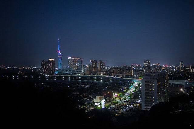 鷲尾愛宕神社の西側にある穴場の展望台から望む、夜の福岡市街地。青くライトアップされた福岡タワーと、静かに広がるシーサイドももち地区の街並みが一望できる。人混みを避けて夜景を楽しめる隠れスポット。