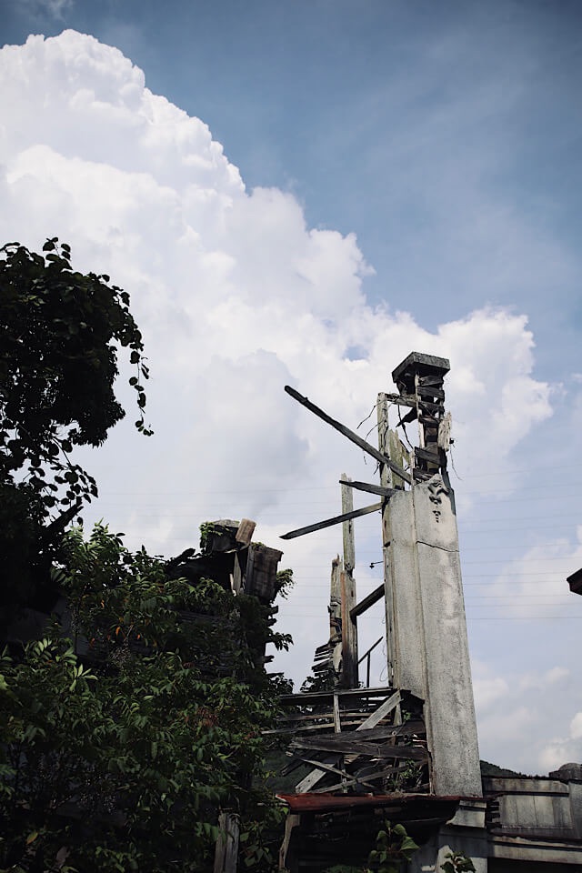 深い緑に囲まれた旧仁堀郵便局の、多分割された木製窓枠。上部には木の装飾枠がある。奥には崩落した建物の内部が露出している。夏の強い光による、光と影のコントラスト。