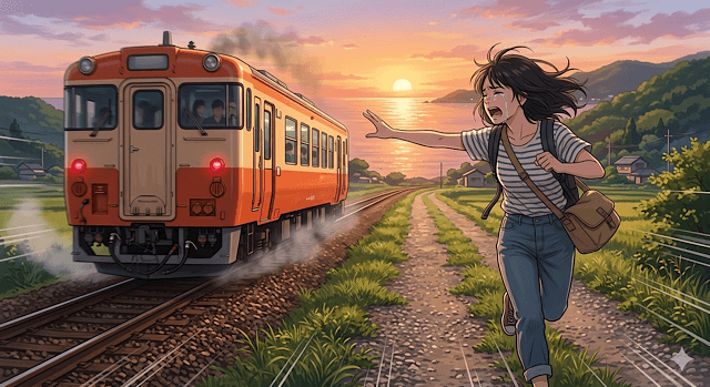 夕暮れの海岸線沿いの線路で、去り行くオレンジ色のレトロな列車に向かって、女性が泣きながら走り、手を伸ばして追いかけているアニメ風イラスト。