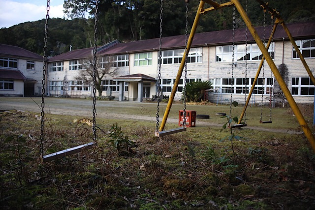 手前に錆びた黄色のブランコがあり、足元が雑草や苔に覆われた旧九鬼小学校の校庭。背景には横長に続く木造校舎が静かに佇んでいる。