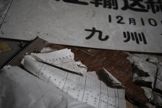 立石山駅の床に散乱した、古びて端が破れた「リフト乗車券発売報告書」の接写。湿り気を帯びた紙の奥には、「12月10日」や「九州」と書かれた看板の断片が写っている。
