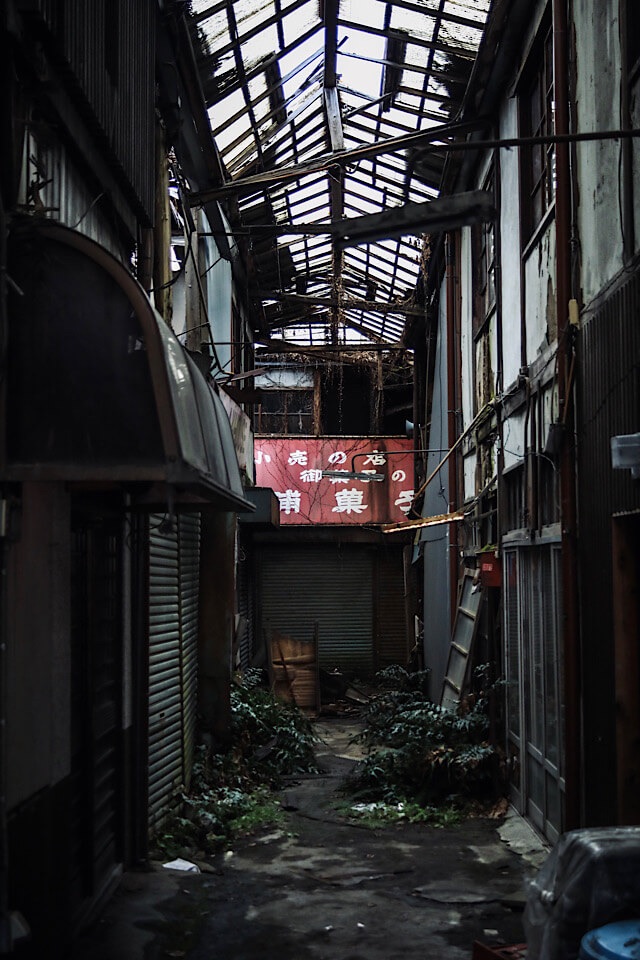 崩壊が進む下渕マーケットの内部。骨組みだけになったアーケードの屋根から光が漏れ、湿った地面には緑の植物が自生している。奥には色褪せた「御菓子」の赤い看板が見える2026年4月の様子。