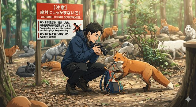 アニメスタイルのイラスト。森の中で男性がしゃがみ、カメラを構えてキツネと同じ目線で写真を撮ろうとしている。彼のすぐ後ろにある大きな赤い看板には「【注意】絶対にしゃがまないで！ | WARNING! DO NOT SQUAT/KNEEL!」と大きく書かれ、日本語と英語で警告文が続いている。看板の内容を無視した結果、彼の前の赤毛のキツネが彼のバックパックのボトルを盗んでいる。多くのキツネが彼を囲んでいる。