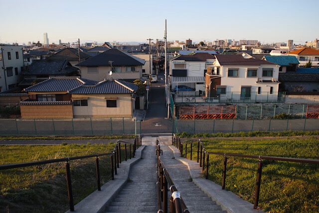 大和川の高く大きな堤防の上から、階段越しにフェンスと並行する道路、そしてその奥に広がる密集した住宅街を見下ろした風景