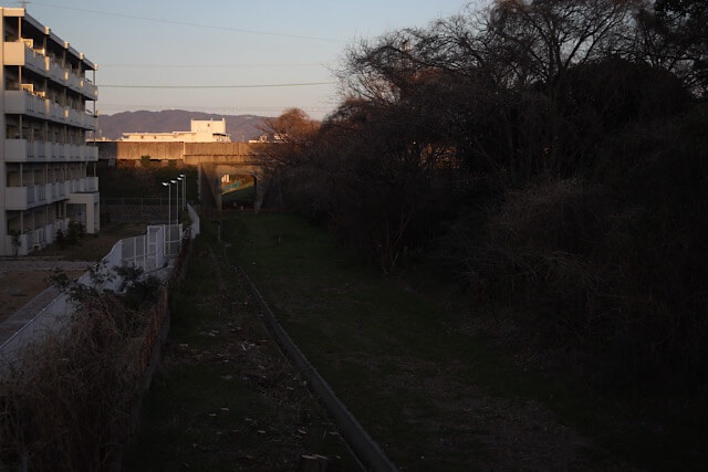 夕暮れの深い影に包まれた細長い草地と、その奥に見える近鉄南大阪線の高架下をくぐるコンクリート製トンネルの遺構