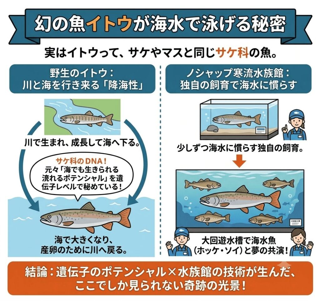 「幻の魚イトウが海水で泳げる秘密」を解説した図解イラスト。左側に野生のイトウが川と海を行き来する「降海性」の仕組み、右側にノシャップ寒流水族館で少しずつ海水に慣らして海水魚と共演させている展示の仕組みが描かれている。