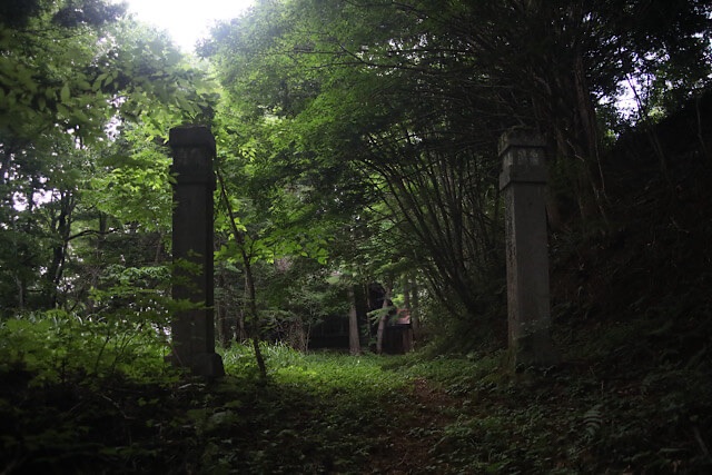 深い緑に囲まれた長野県松本市の廃校「旧入山分校」の石造りの校門跡と門柱の様子。