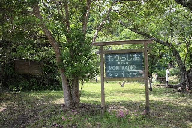 月崎駅の旧詰所を活用したアート作品「森ラジオ」の看板と、緑の植物に覆われた小さな小屋。